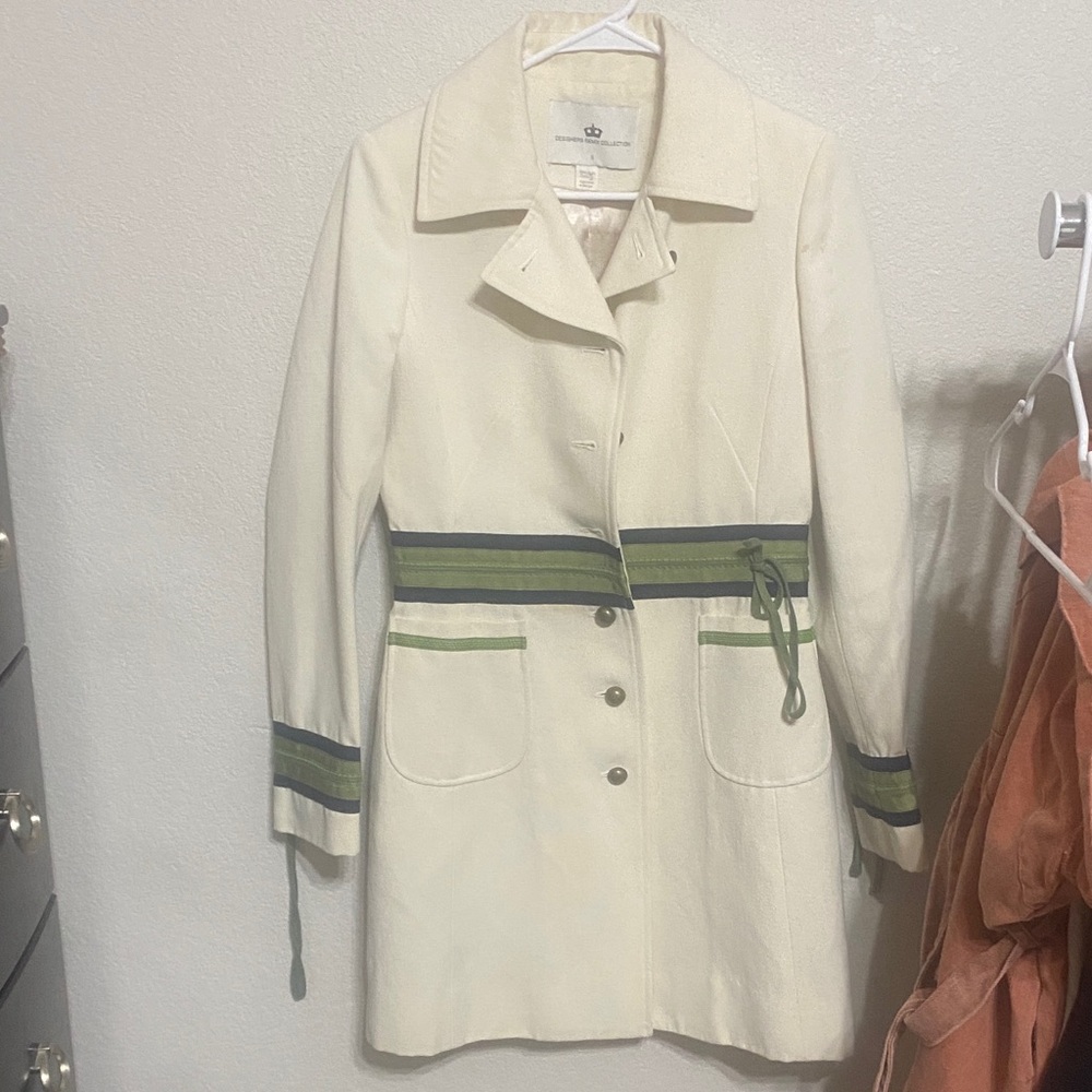 Designers Remix Collection Elegant Cream Trench Coat with Green Accents —